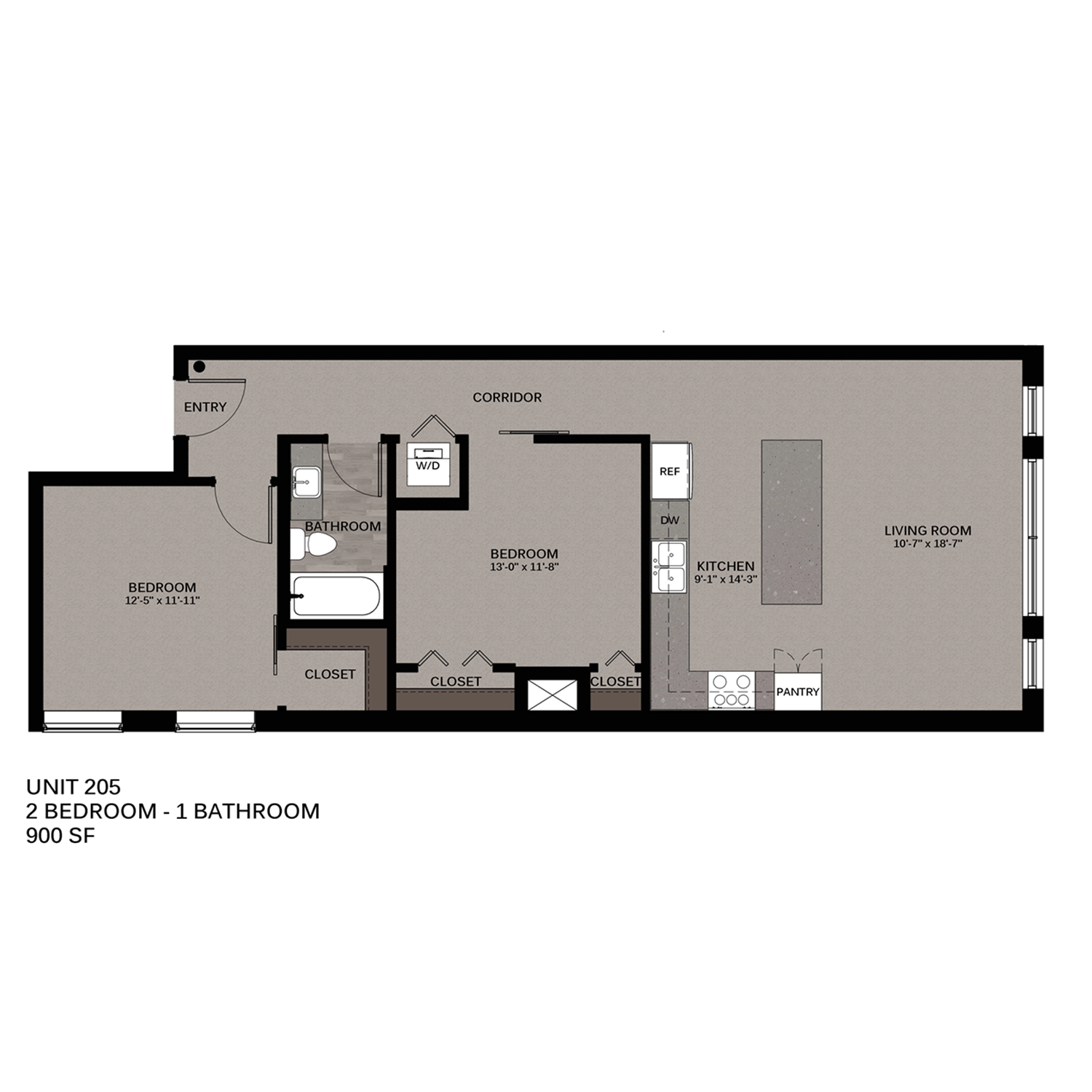 Floor plan for 2 beds, 1 bath, 937 sqft